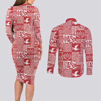 Red Tonga Kilisimasi Fiefia Couples Matching Long Sleeve Bodycon Dress and Long Sleeve Button Shirt Pacific Patchwork Xmas Vibes - Polynesian Pride