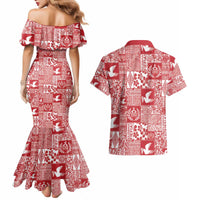 Red Tonga Kilisimasi Fiefia Couples Matching Mermaid Dress and Hawaiian Shirt Pacific Patchwork Xmas Vibes - Polynesian Pride
