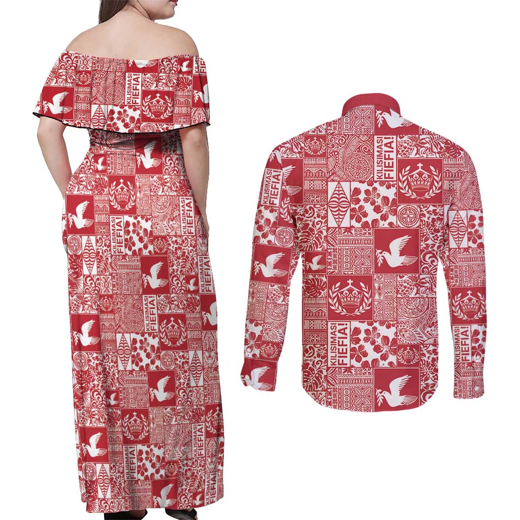 Red Tonga Kilisimasi Fiefia Couples Matching Off Shoulder Maxi Dress and Long Sleeve Button Shirt Pacific Patchwork Xmas Vibes - Polynesian Pride