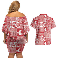Red Tonga Kilisimasi Fiefia Couples Matching Off Shoulder Short Dress and Hawaiian Shirt Pacific Patchwork Xmas Vibes - Polynesian Pride