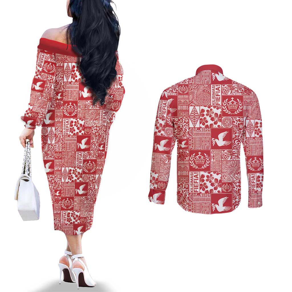 Red Tonga Kilisimasi Fiefia Couples Matching Off The Shoulder Long Sleeve Dress and Long Sleeve Button Shirt Pacific Patchwork Xmas Vibes - Polynesian Pride