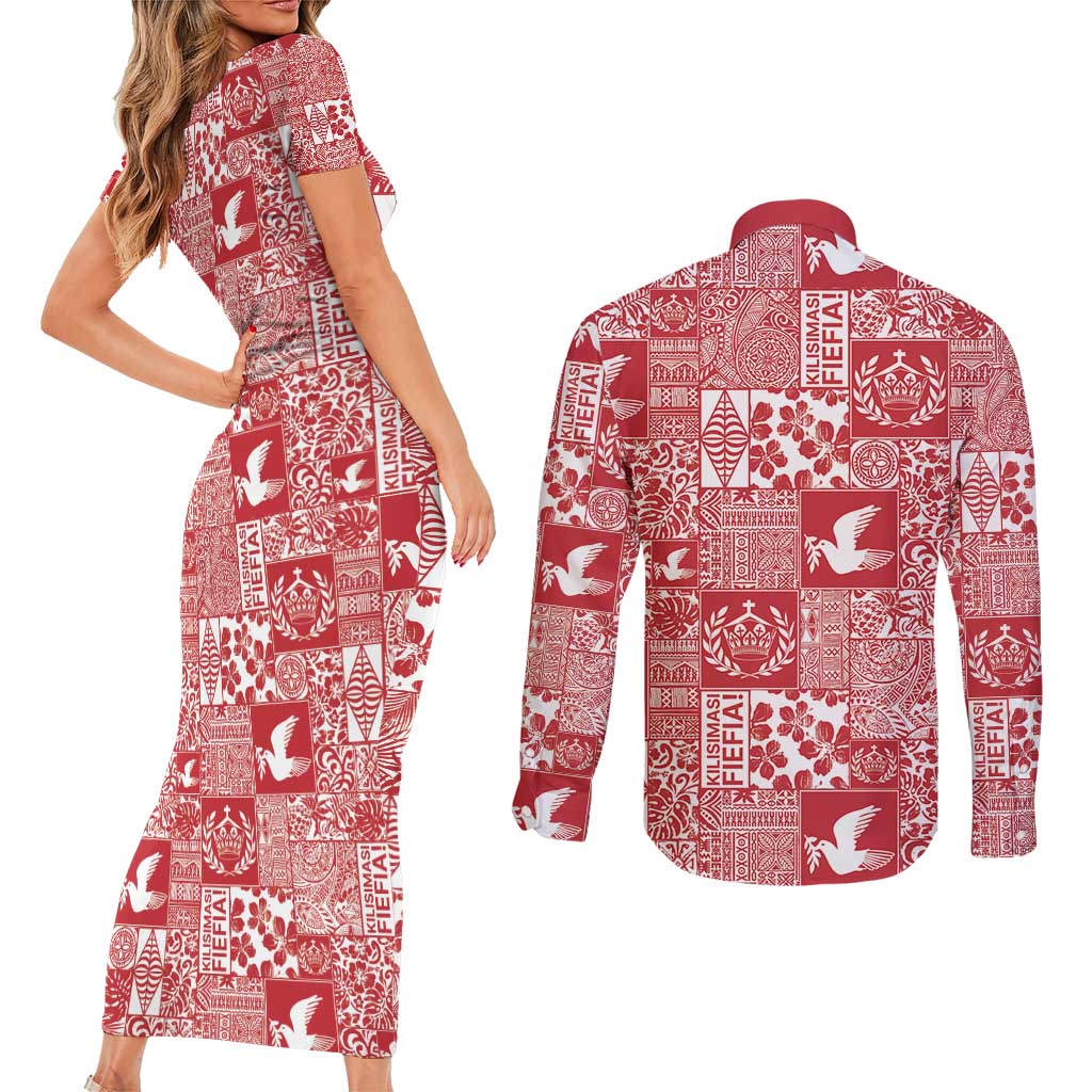 Red Tonga Kilisimasi Fiefia Couples Matching Short Sleeve Bodycon Dress and Long Sleeve Button Shirt Pacific Patchwork Xmas Vibes - Polynesian Pride