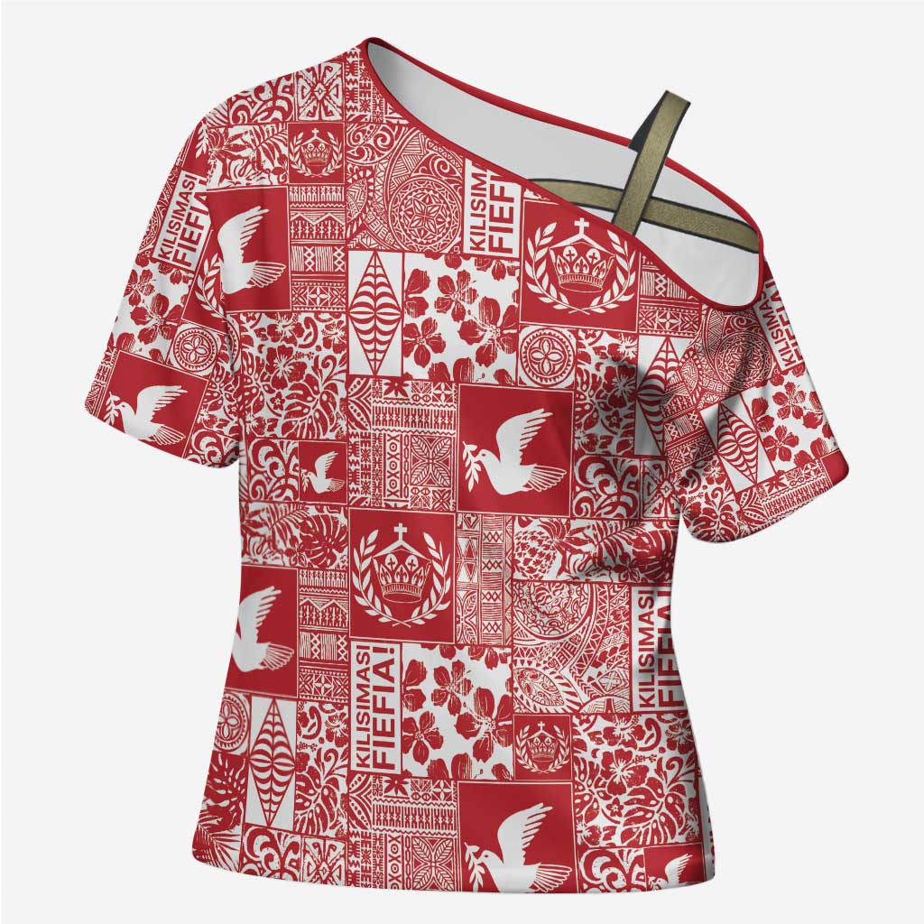 Red Tonga Kilisimasi Fiefia Cross Shoulder Shirt Pacific Patchwork Xmas Vibes - Polynesian Pride