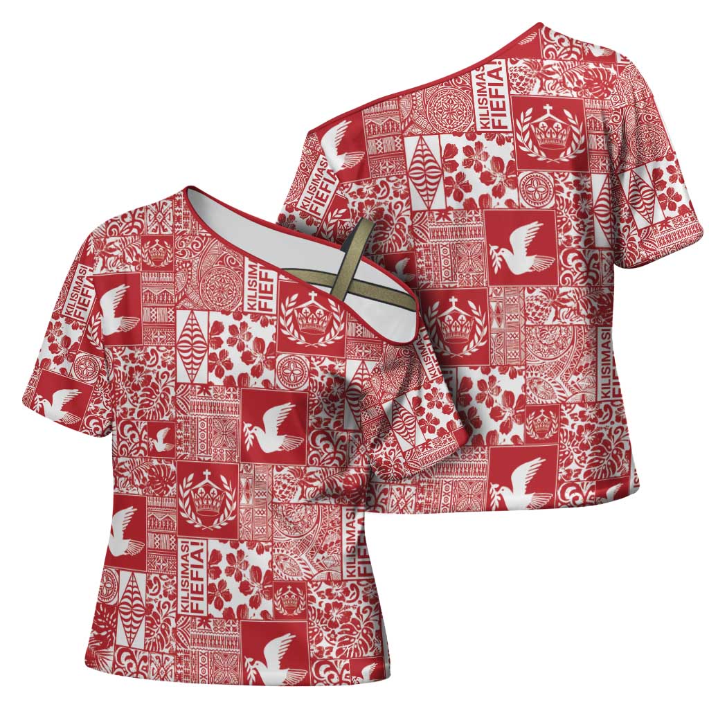 Red Tonga Kilisimasi Fiefia Cross Shoulder Shirt Pacific Patchwork Xmas Vibes - Polynesian Pride
