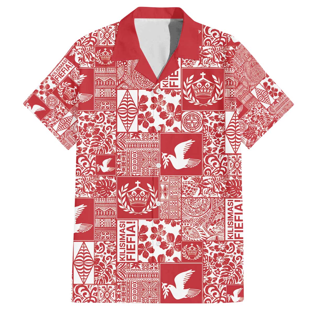 Red Tonga Kilisimasi Fiefia Family Matching Off The Shoulder Long Sleeve Dress and Hawaiian Shirt Pacific Patchwork Xmas Vibes - Polynesian Pride