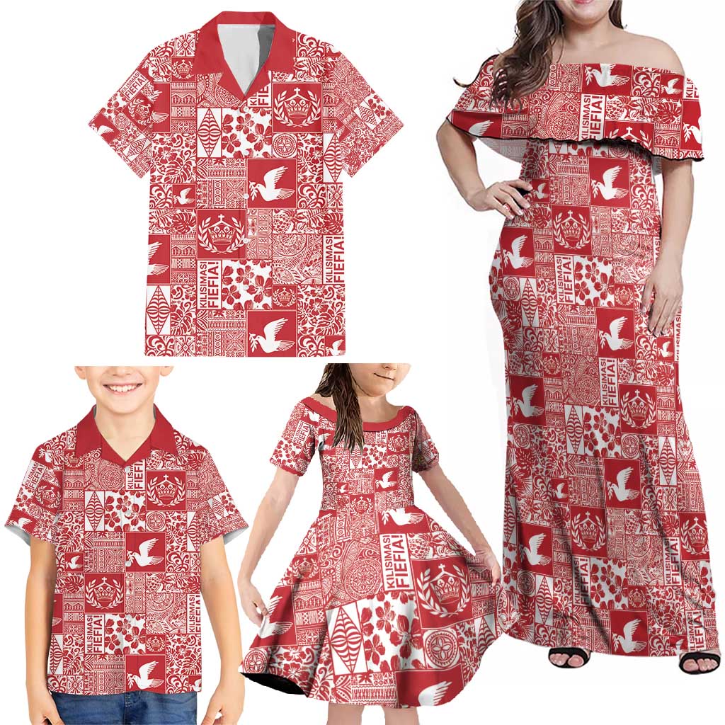 Red Tonga Kilisimasi Fiefia Family Matching Off Shoulder Maxi Dress and Hawaiian Shirt Pacific Patchwork Xmas Vibes - Polynesian Pride