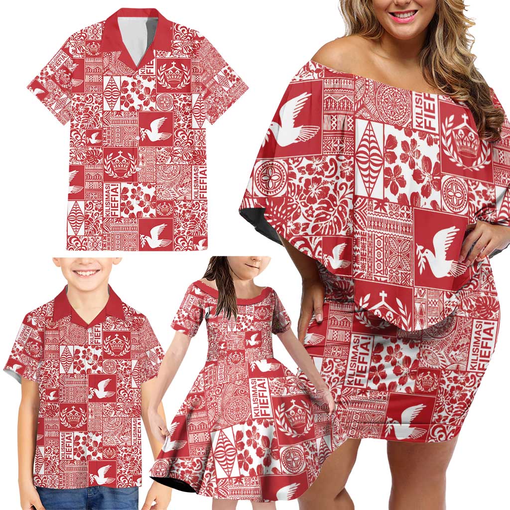 Red Tonga Kilisimasi Fiefia Family Matching Off Shoulder Short Dress and Hawaiian Shirt Pacific Patchwork Xmas Vibes - Polynesian Pride