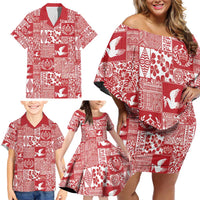 Red Tonga Kilisimasi Fiefia Family Matching Off Shoulder Short Dress and Hawaiian Shirt Pacific Patchwork Xmas Vibes - Polynesian Pride