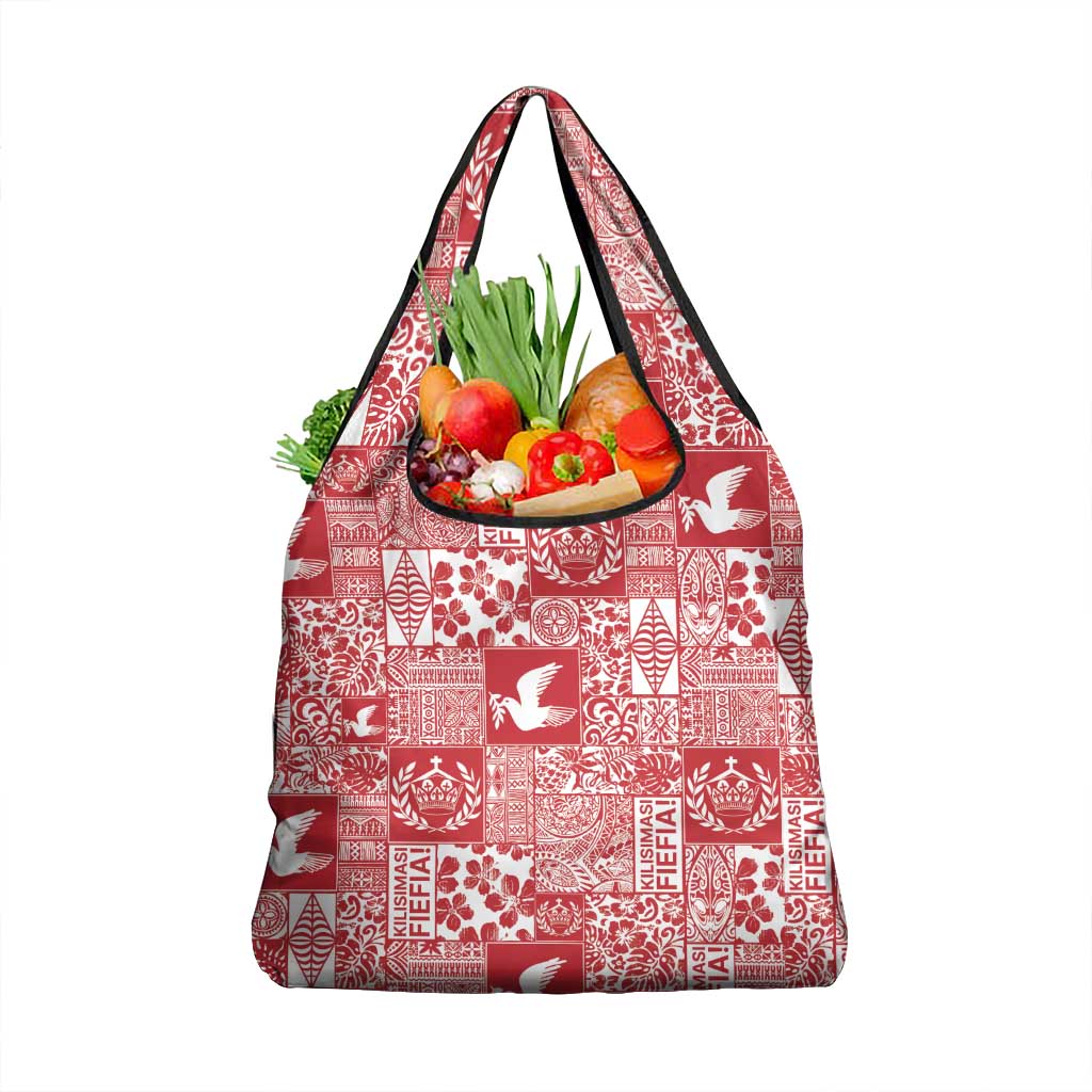 Red Tonga Kilisimasi Fiefia Grocery Bag Pacific Patchwork Xmas Vibes - Polynesian Pride