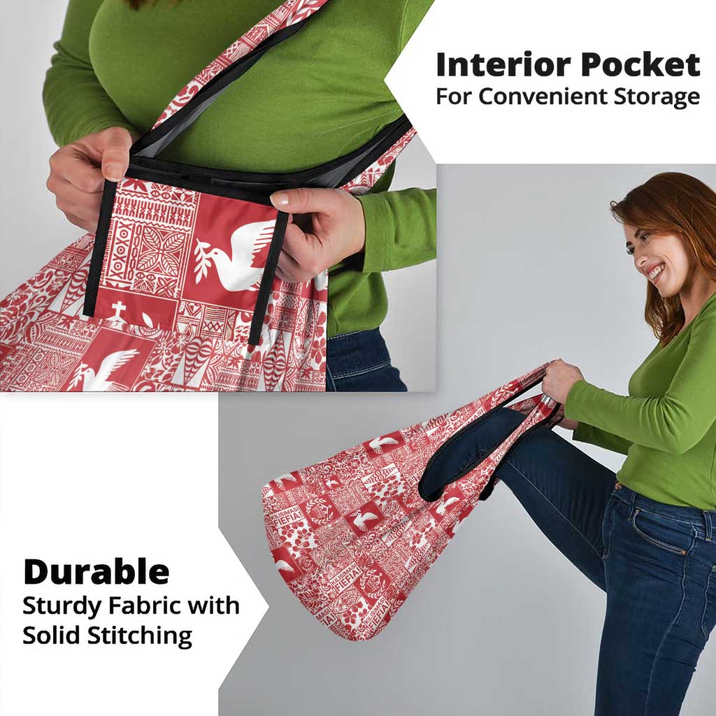 Red Tonga Kilisimasi Fiefia Grocery Bag Pacific Patchwork Xmas Vibes - Polynesian Pride