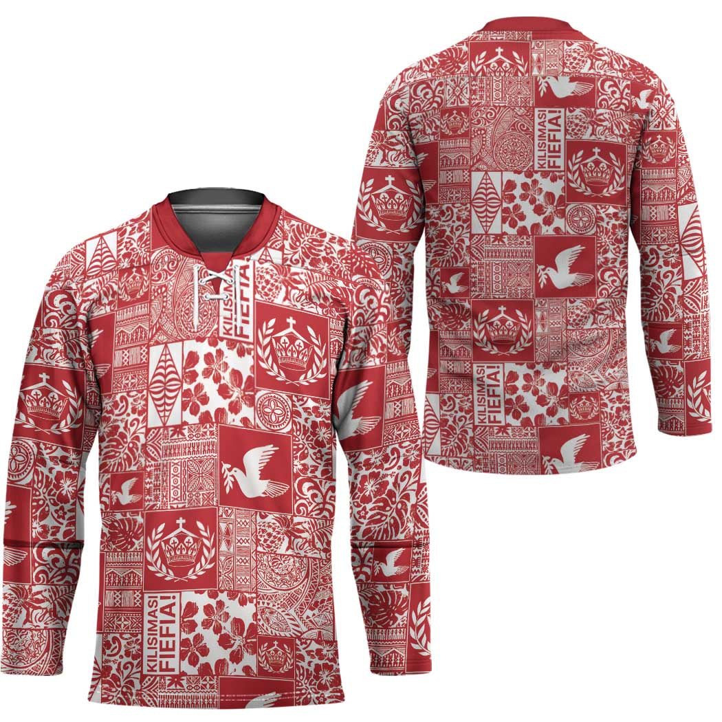 Red Tonga Kilisimasi Fiefia Hockey Jersey Pacific Patchwork Xmas Vibes - Polynesian Pride