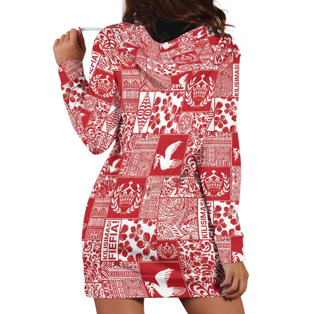 Red Tonga Kilisimasi Fiefia Hoodie Dress Pacific Patchwork Xmas Vibes - Polynesian Pride