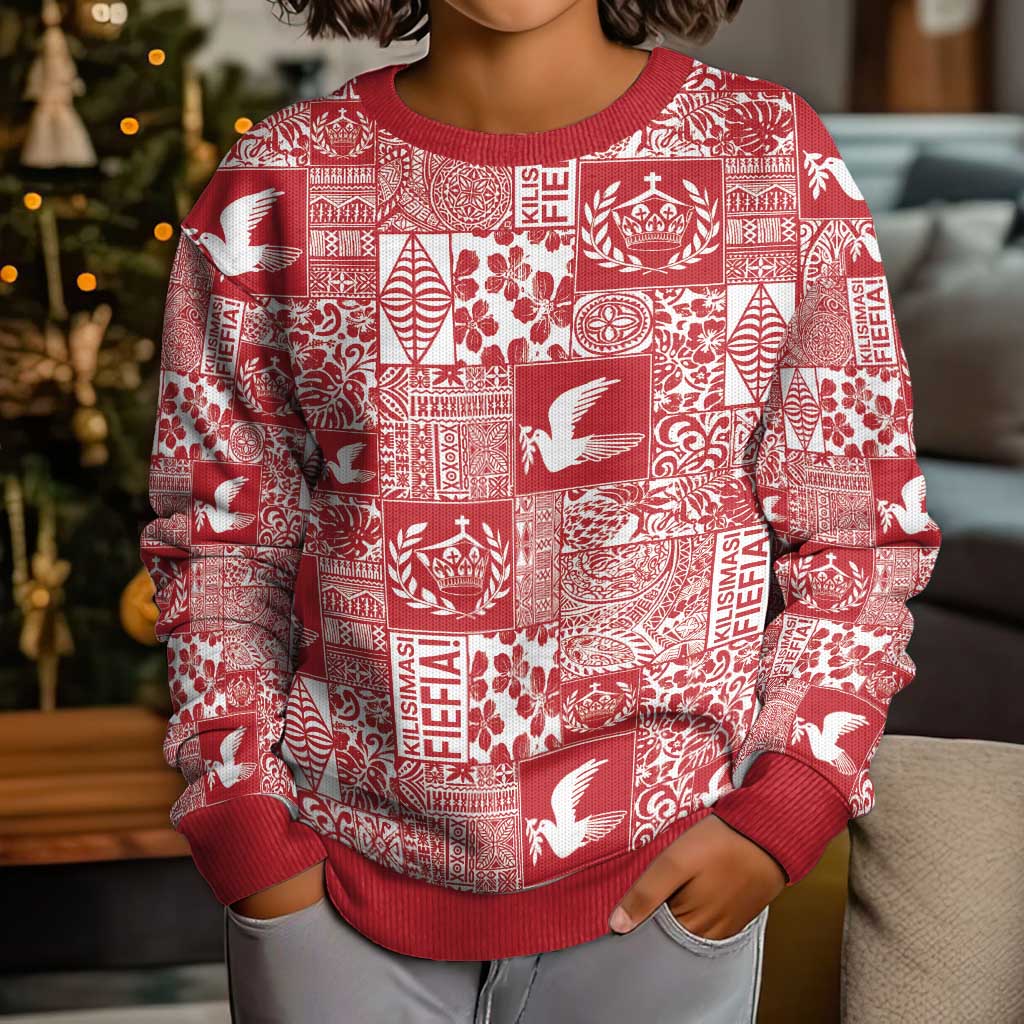 Red Tonga Kilisimasi Fiefia Kid Ugly Christmas Sweater Pacific Patchwork Xmas Vibes - Polynesian Pride