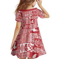Red Tonga Kilisimasi Fiefia Kid Short Sleeve Dress Pacific Patchwork Xmas Vibes - Polynesian Pride
