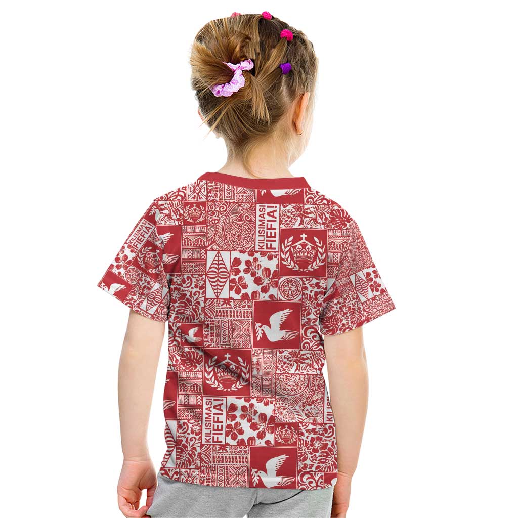 Red Tonga Kilisimasi Fiefia Kid T Shirt Pacific Patchwork Xmas Vibes - Polynesian Pride