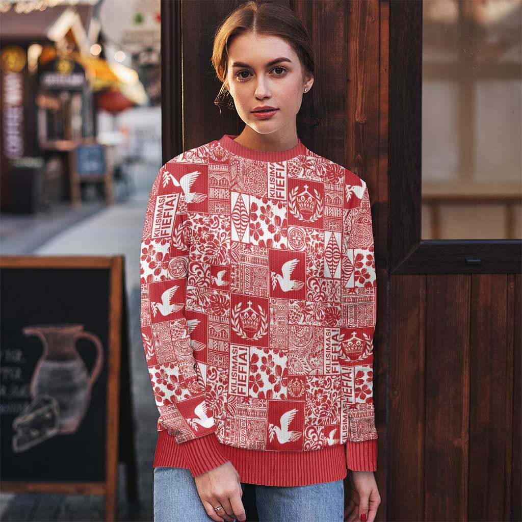 Red Tonga Kilisimasi Fiefia Ugly Christmas Sweater Pacific Patchwork Xmas Vibes - Polynesian Pride