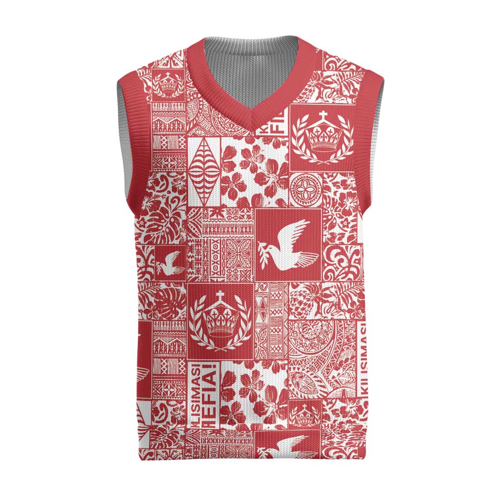Red Tonga Kilisimasi Fiefia Christmas Knitted V-Neck Vest Pacific Patchwork Xmas Vibes - Polynesian Pride