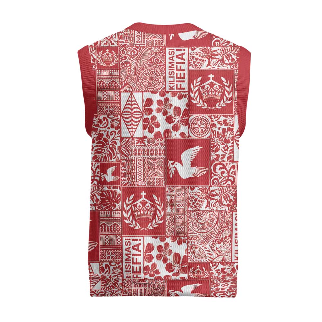 Red Tonga Kilisimasi Fiefia Christmas Knitted V-Neck Vest Pacific Patchwork Xmas Vibes - Polynesian Pride