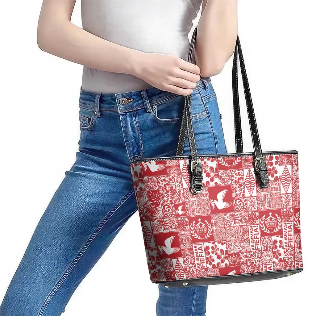 Red Tonga Kilisimasi Fiefia Leather Tote Bag Pacific Patchwork Xmas Vibes - Polynesian Pride