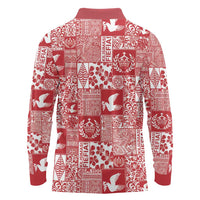 Red Tonga Kilisimasi Fiefia Long Sleeve Polo Shirt Pacific Patchwork Xmas Vibes - Polynesian Pride