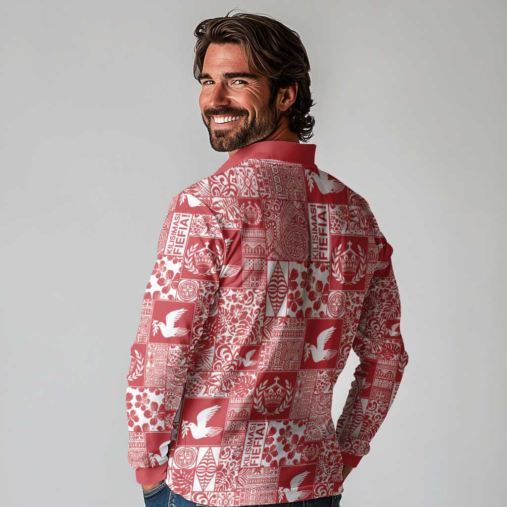 Red Tonga Kilisimasi Fiefia Long Sleeve Polo Shirt Pacific Patchwork Xmas Vibes - Polynesian Pride