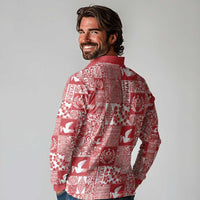 Red Tonga Kilisimasi Fiefia Long Sleeve Polo Shirt Pacific Patchwork Xmas Vibes - Polynesian Pride