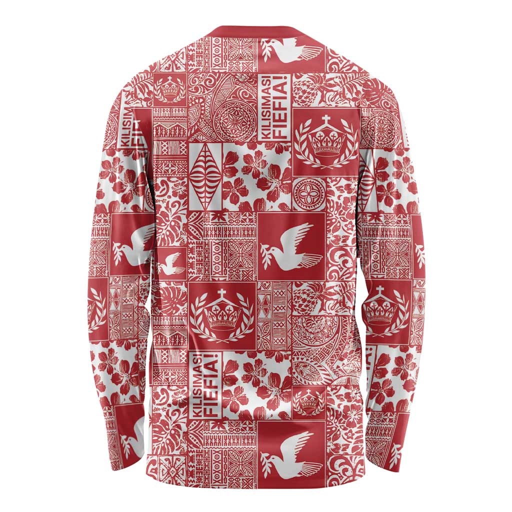 Red Tonga Kilisimasi Fiefia Long Sleeve Shirt Pacific Patchwork Xmas Vibes - Polynesian Pride