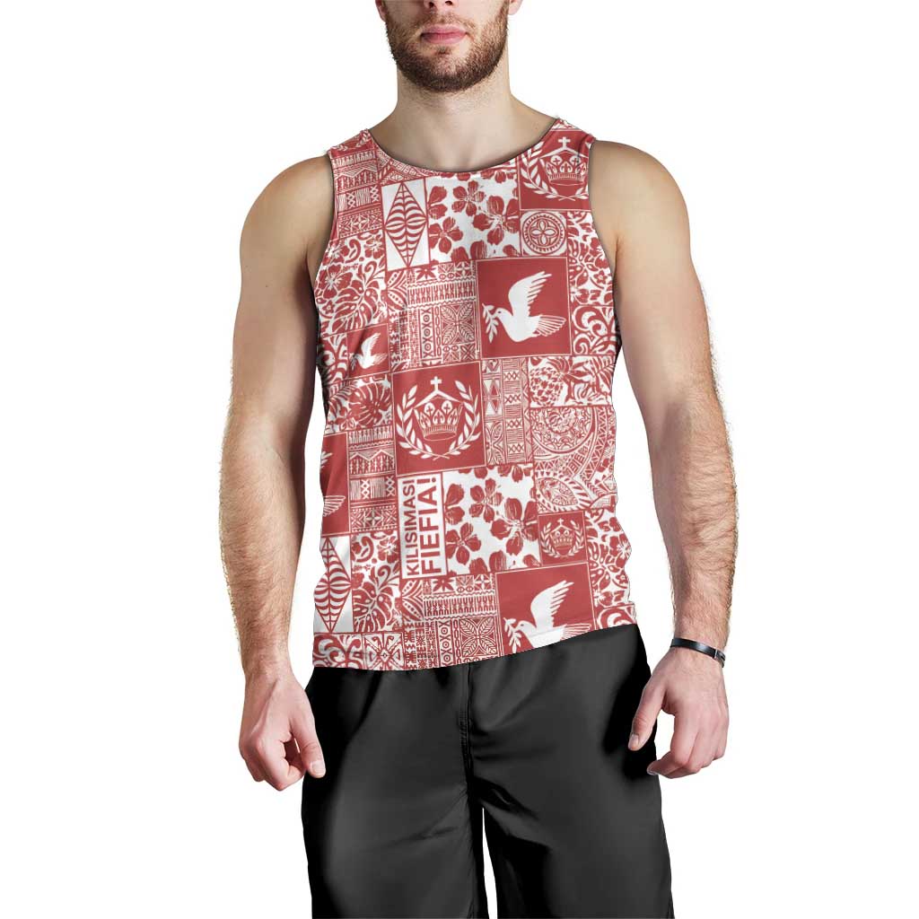 Red Tonga Kilisimasi Fiefia Men Tank Top Pacific Patchwork Xmas Vibes - Polynesian Pride