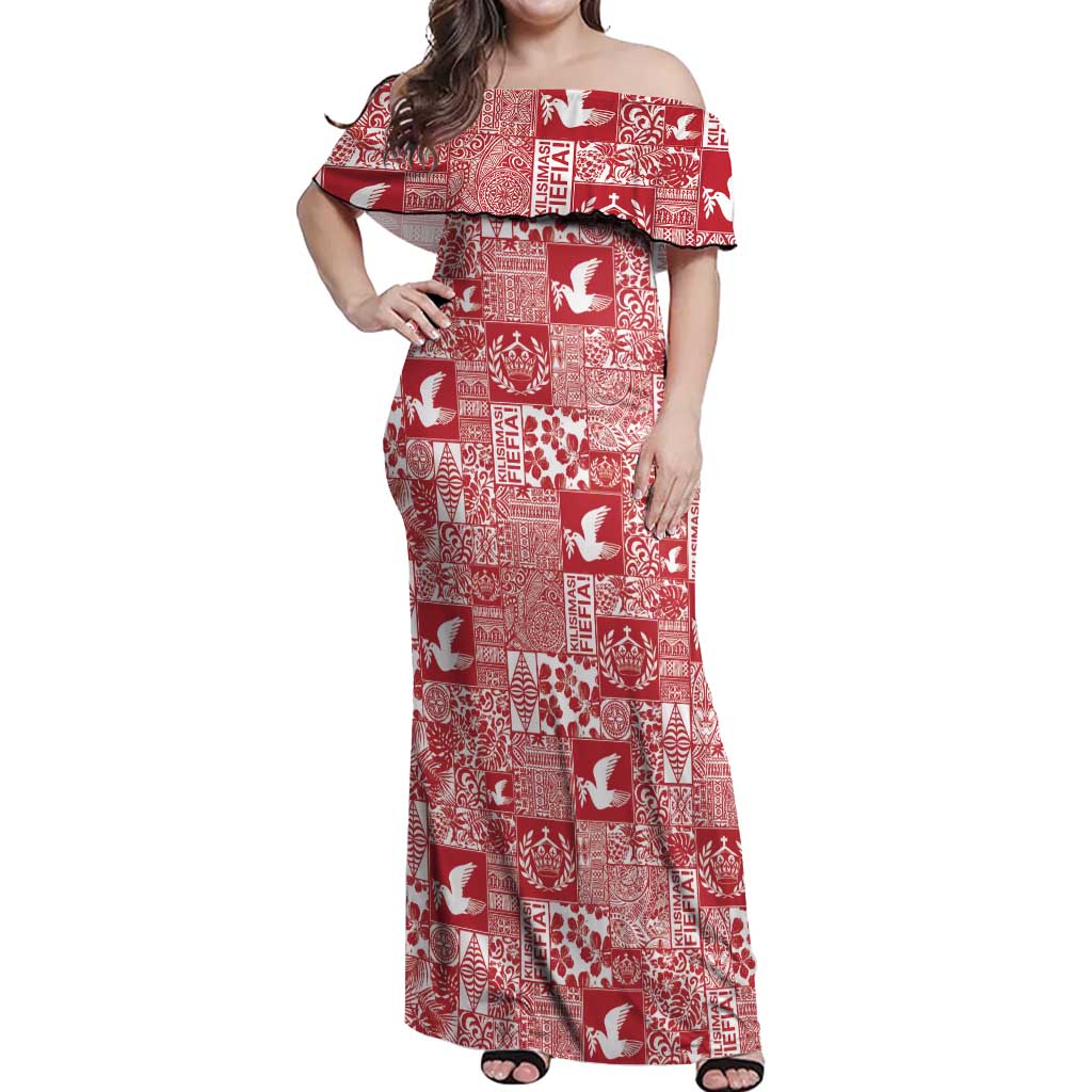 Red Tonga Kilisimasi Fiefia Off Shoulder Maxi Dress Pacific Patchwork Xmas Vibes - Polynesian Pride