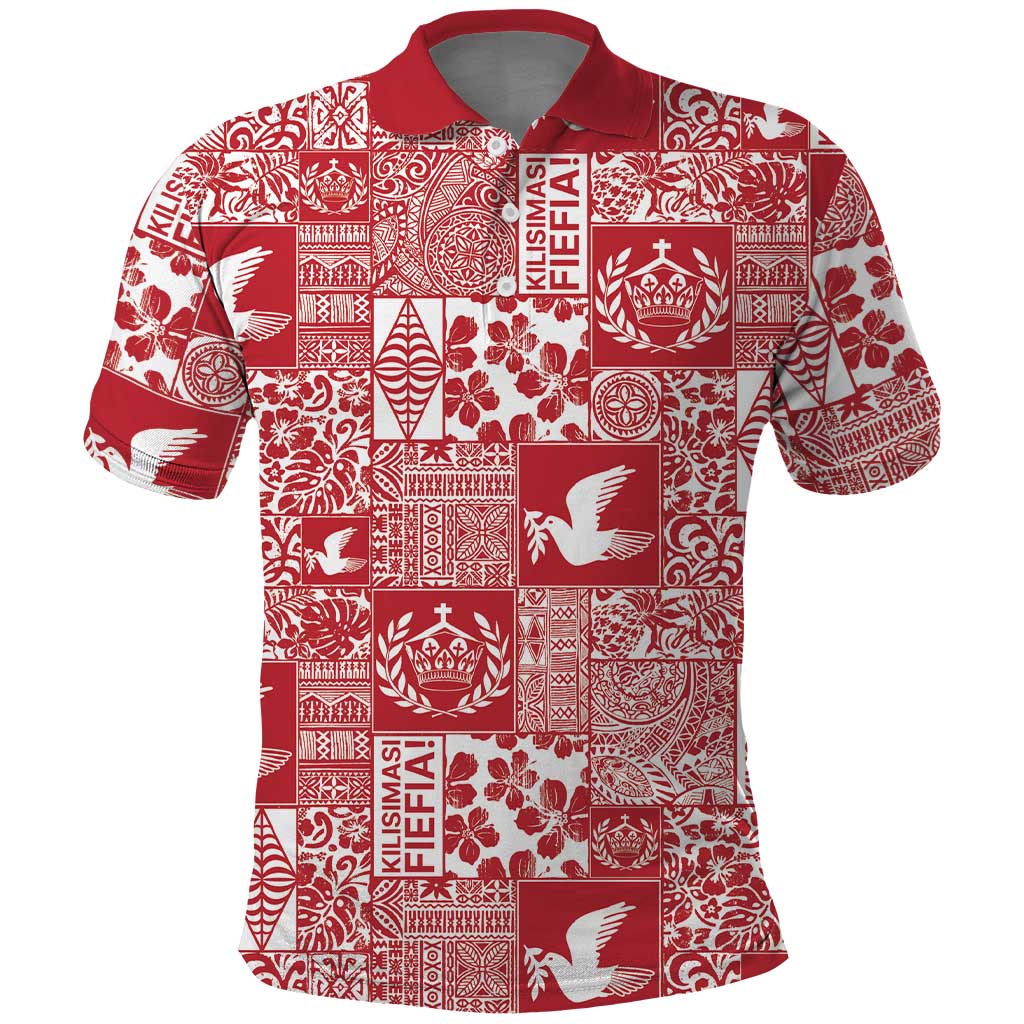 Red Tonga Kilisimasi Fiefia Polo Shirt Pacific Patchwork Xmas Vibes - Polynesian Pride