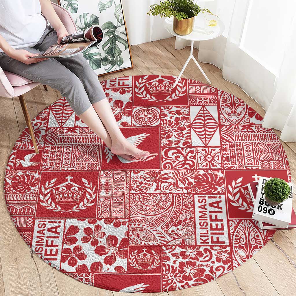 Red Tonga Kilisimasi Fiefia Round Carpet Pacific Patchwork Xmas Vibes - Polynesian Pride