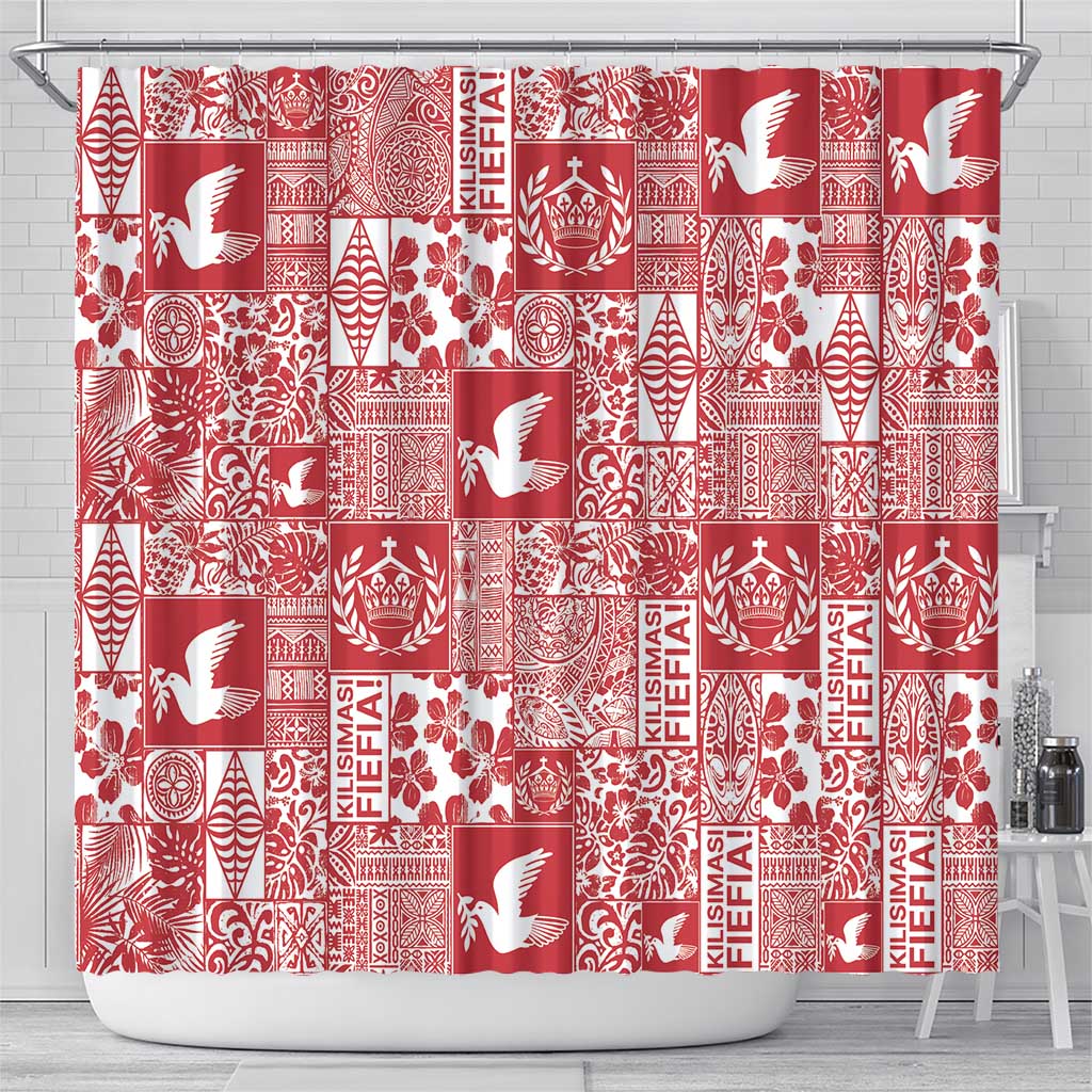 Red Tonga Kilisimasi Fiefia Shower Curtain Pacific Patchwork Xmas Vibes - Polynesian Pride