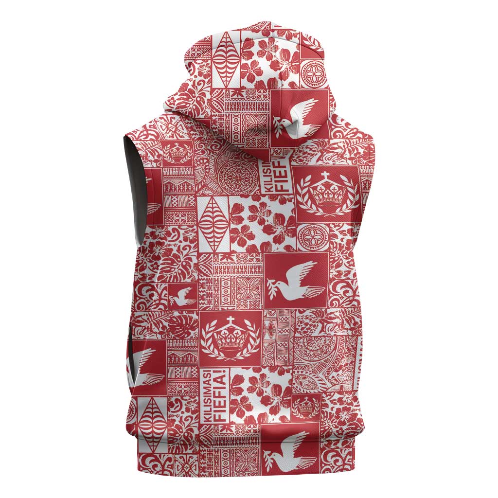 Red Tonga Kilisimasi Fiefia Sleeveless Hoodie Pacific Patchwork Xmas Vibes - Polynesian Pride