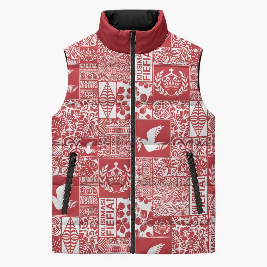 Red Tonga Kilisimasi Fiefia Sleeveless Puffer Jacket Pacific Patchwork Xmas Vibes - Polynesian Pride