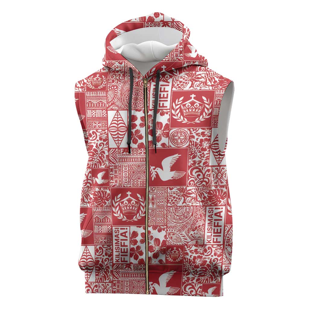 Red Tonga Kilisimasi Fiefia Sleeveless Zip Hoodie Pacific Patchwork Xmas Vibes - Polynesian Pride