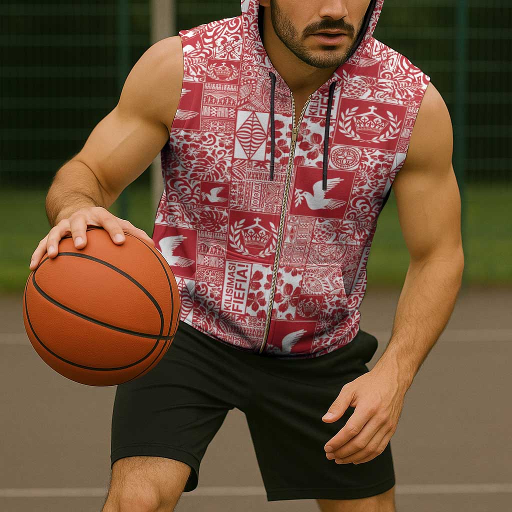 Red Tonga Kilisimasi Fiefia Sleeveless Zip Hoodie Pacific Patchwork Xmas Vibes - Polynesian Pride