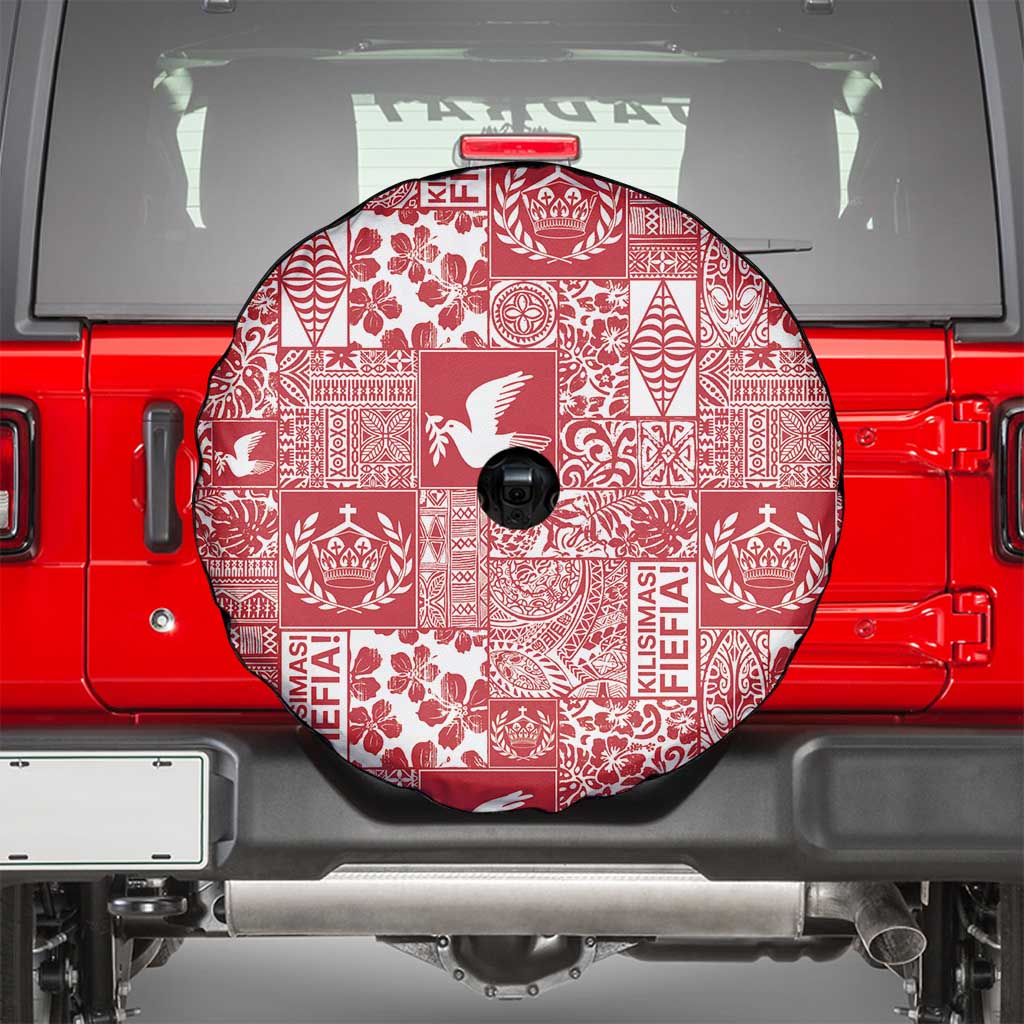 Red Tonga Kilisimasi Fiefia Spare Tire Cover Pacific Patchwork Xmas Vibes - Polynesian Pride
