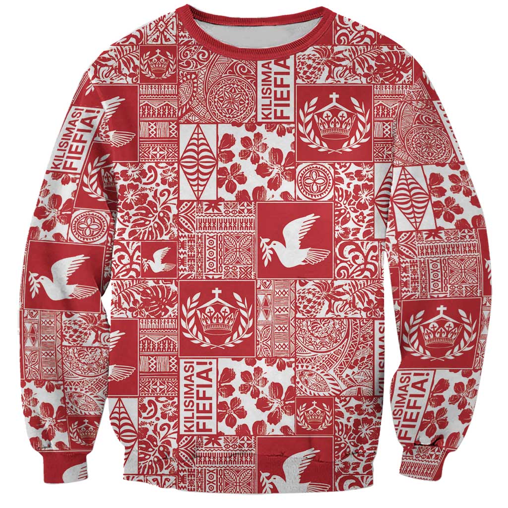 Red Tonga Kilisimasi Fiefia Sweatshirt Pacific Patchwork Xmas Vibes - Polynesian Pride