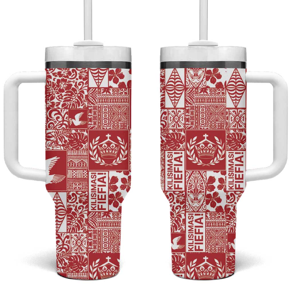 Red Tonga Kilisimasi Fiefia Tumbler With Handle Pacific Patchwork Xmas Vibes - Polynesian Pride