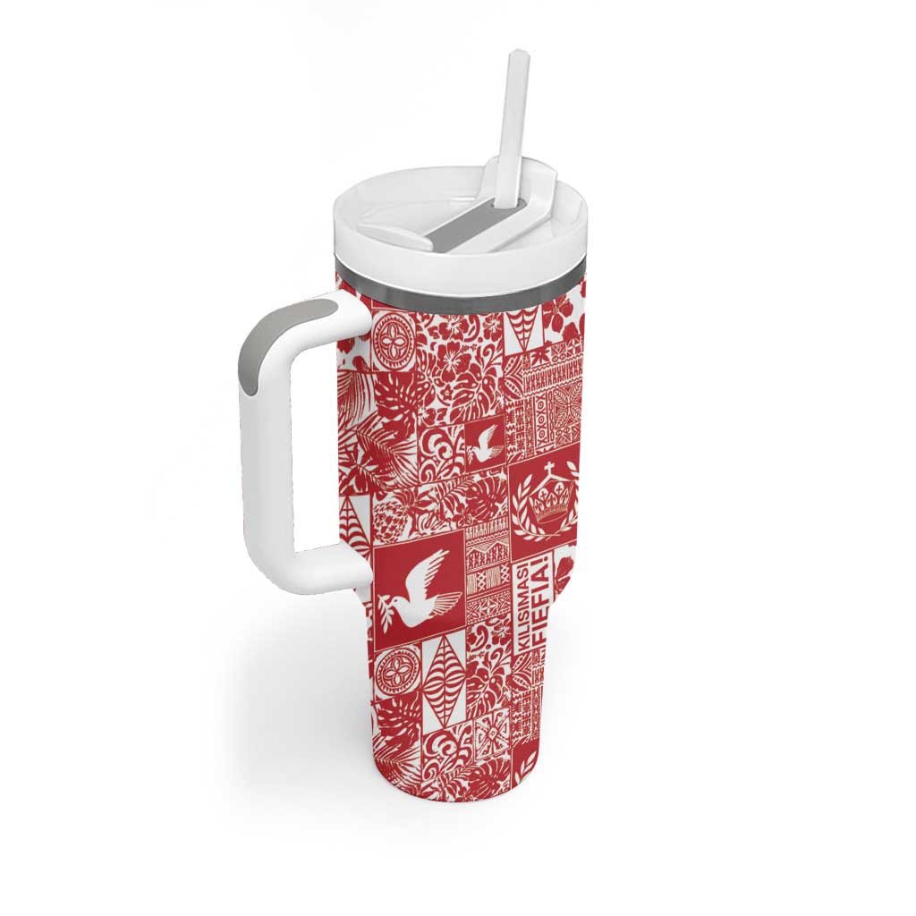 Red Tonga Kilisimasi Fiefia Tumbler With Handle Pacific Patchwork Xmas Vibes - Polynesian Pride