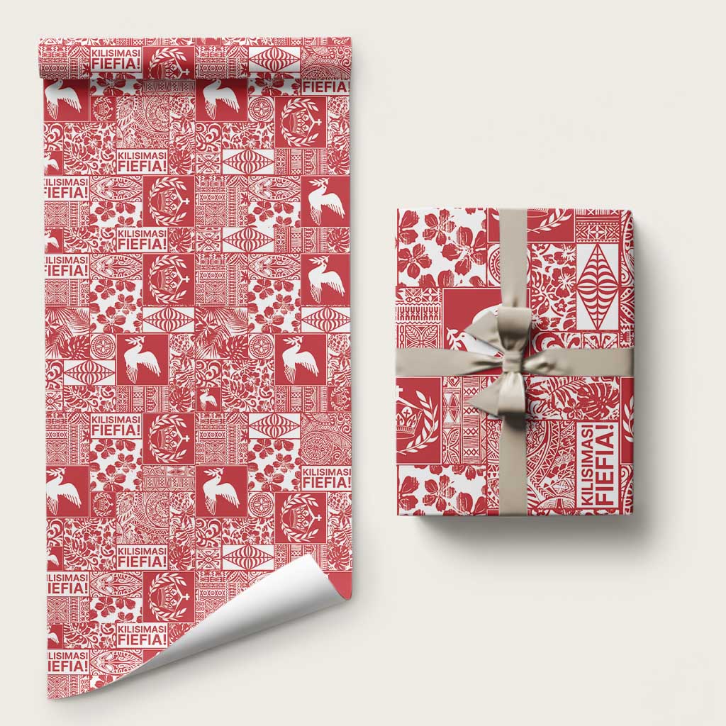 Red Tonga Kilisimasi Fiefia Wrapping Paper Pacific Patchwork Xmas Vibes - Polynesian Pride