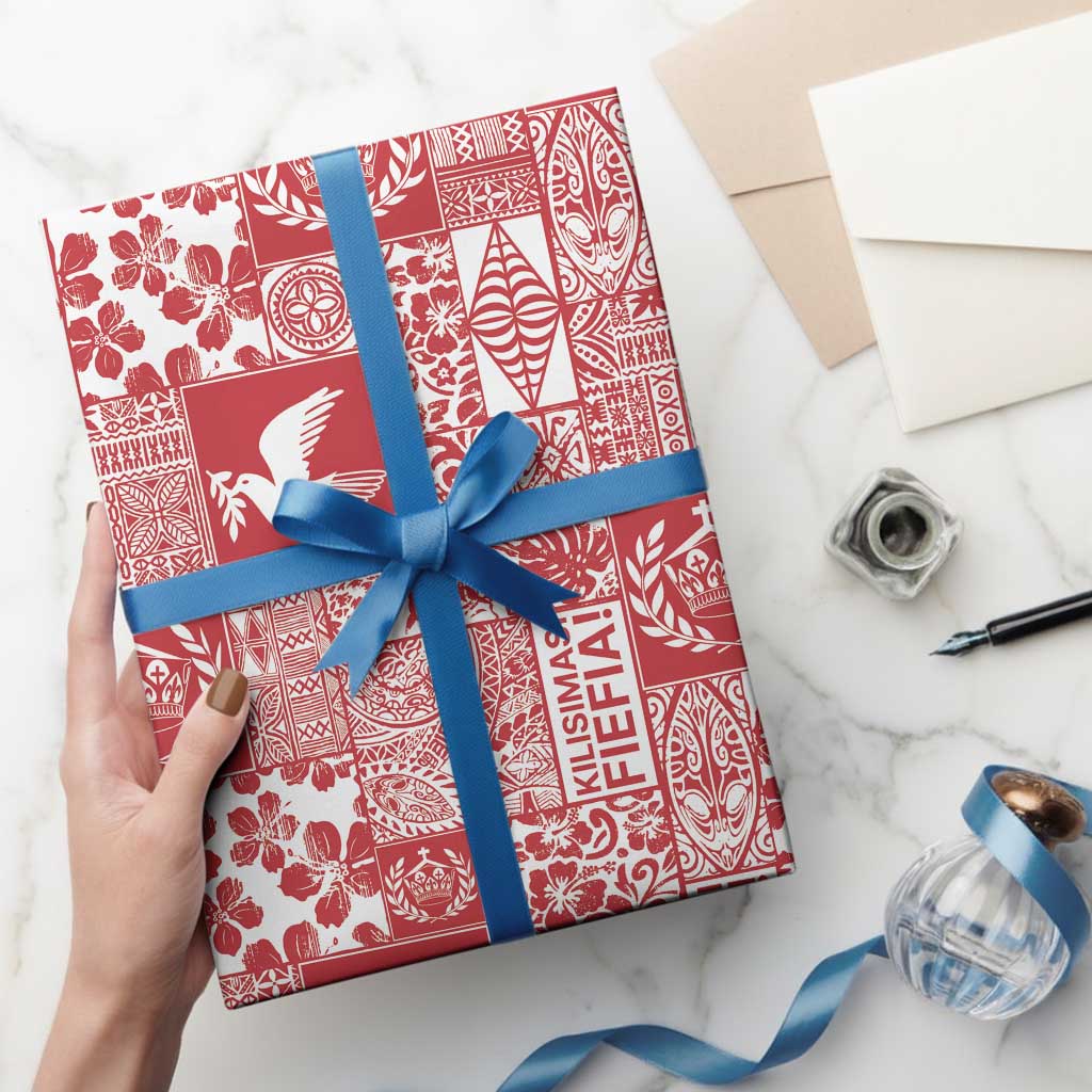 Red Tonga Kilisimasi Fiefia Wrapping Paper Pacific Patchwork Xmas Vibes - Polynesian Pride