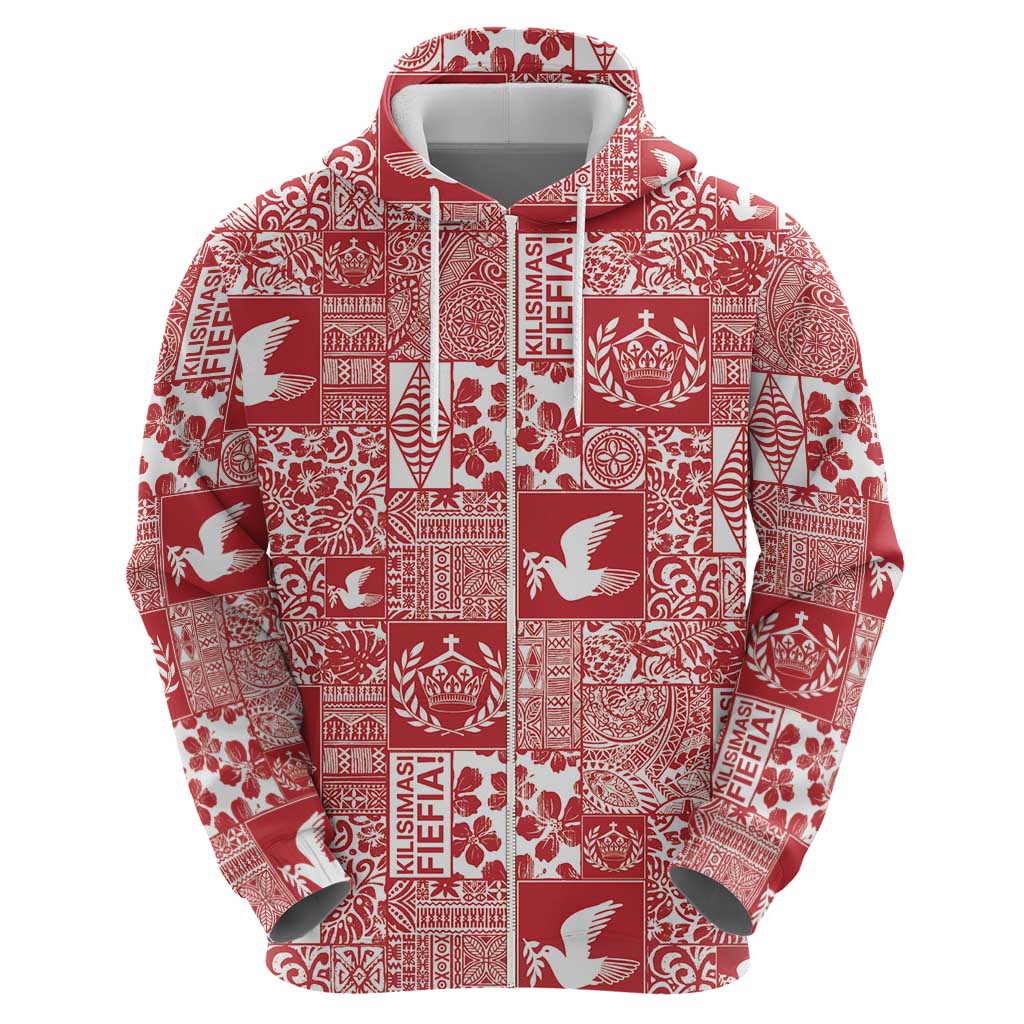 Red Tonga Kilisimasi Fiefia Zip Hoodie Pacific Patchwork Xmas Vibes - Polynesian Pride