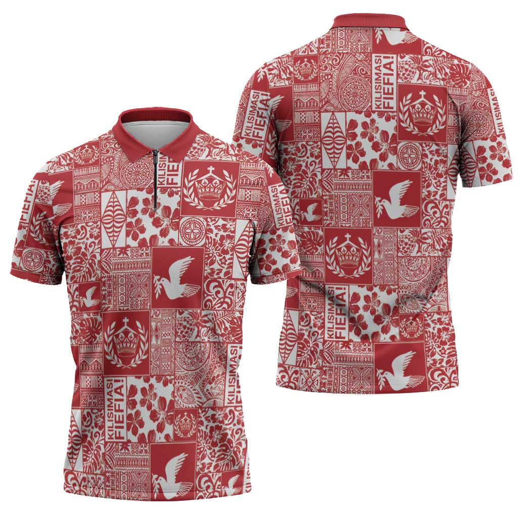 Red Tonga Kilisimasi Fiefia Zipper Polo Shirt Pacific Patchwork Xmas Vibes - Polynesian Pride
