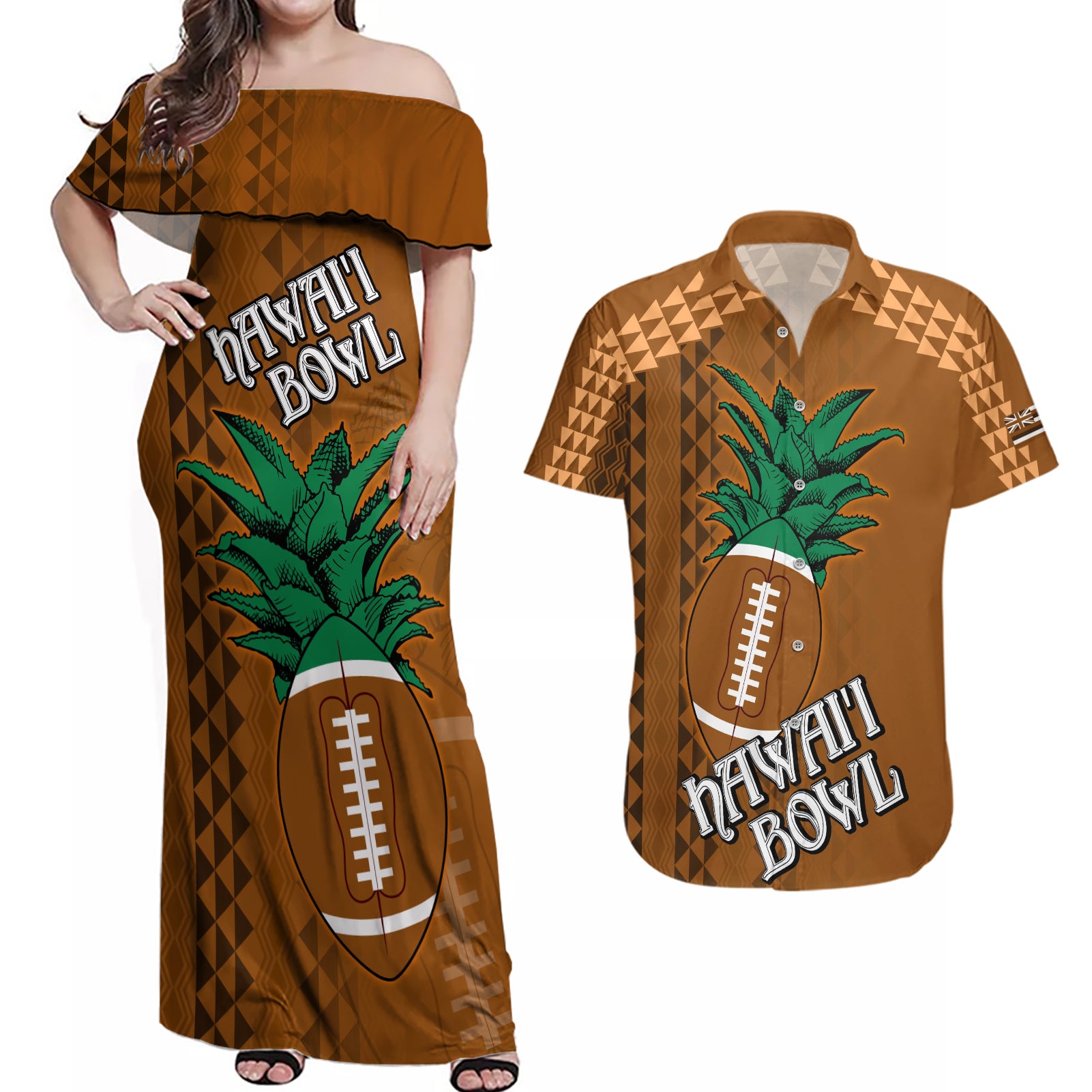 Custom Hawaii Honolulu Bowl Couples Matching Off Shoulder Maxi Dress and Hawaiian Shirt With Kakau Tribal Pattern LT9 Brown - Polynesian Pride