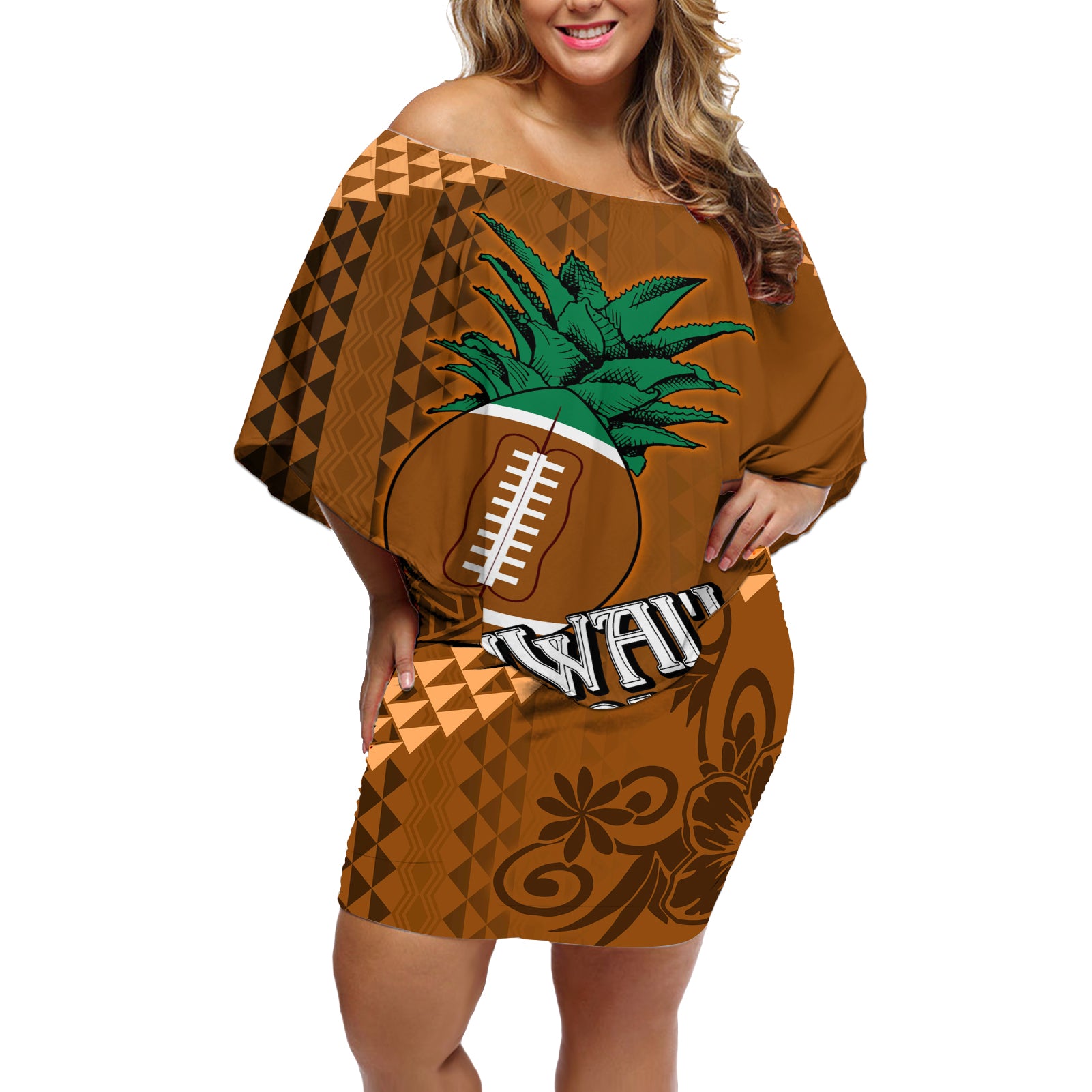 Custom Hawaii Honolulu Bowl Off Shoulder Short Dress With Kakau Tribal Pattern LT9 Women Brown - Polynesian Pride