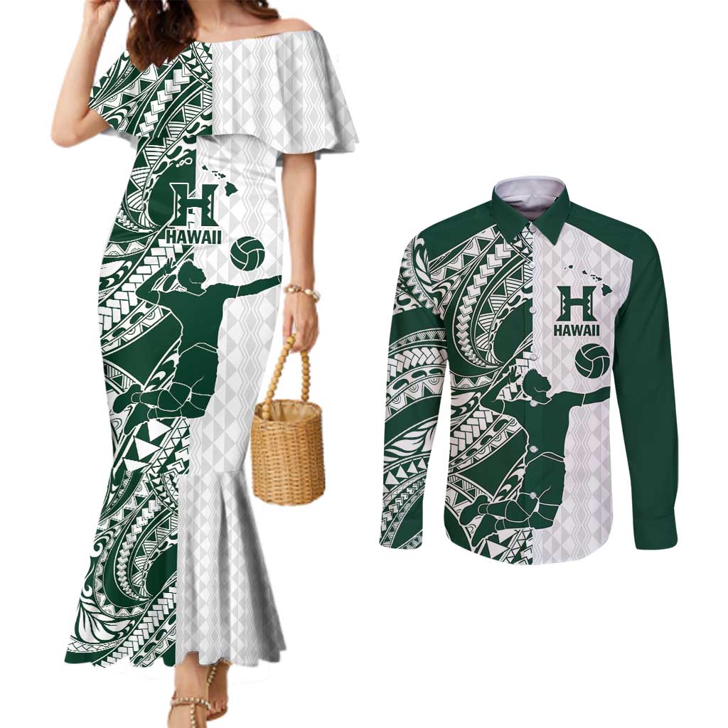 Polynesian Hawaii Volleyball Custom Couples Matching Mermaid Dress and Long Sleeve Button Shirt Kakau with Sport Style