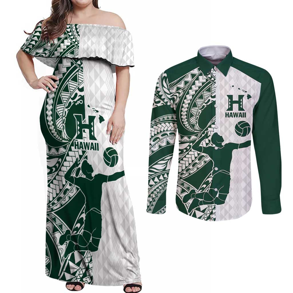 Polynesian Hawaii Volleyball Custom Couples Matching Off Shoulder Maxi Dress and Long Sleeve Button Shirt Kakau with Sport Style