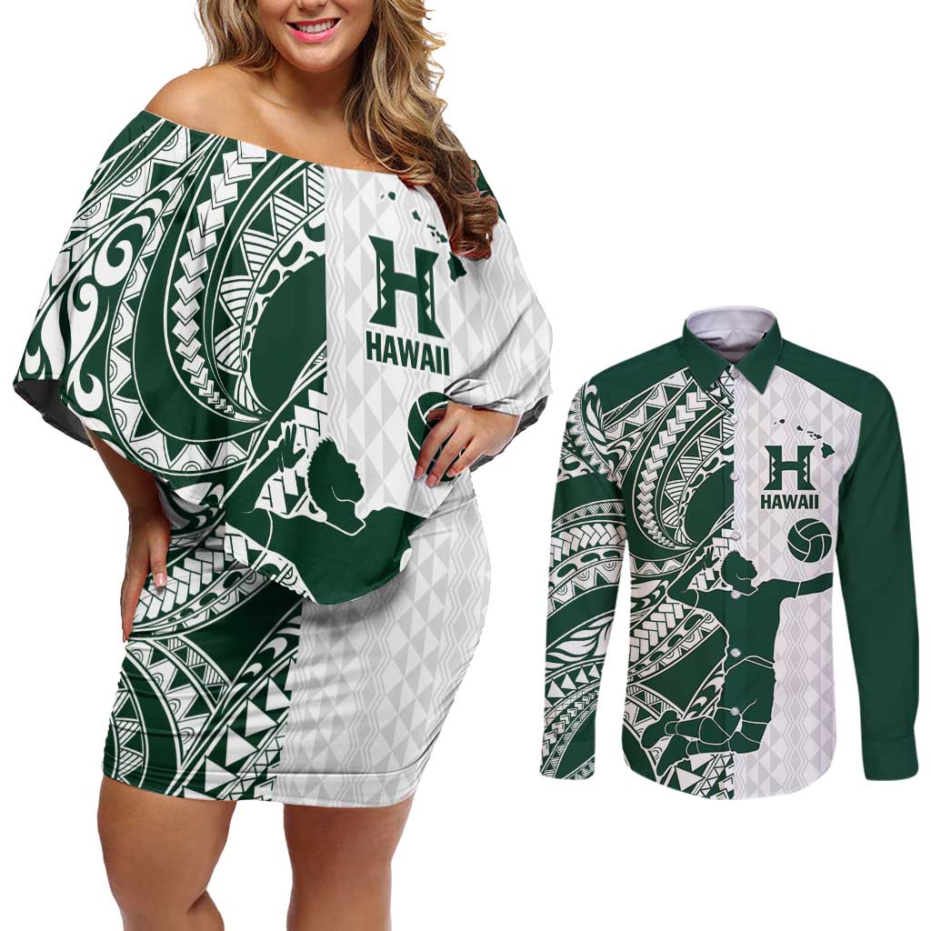 Polynesian Hawaii Volleyball Custom Couples Matching Off Shoulder Short Dress and Long Sleeve Button Shirt Kakau with Sport Style