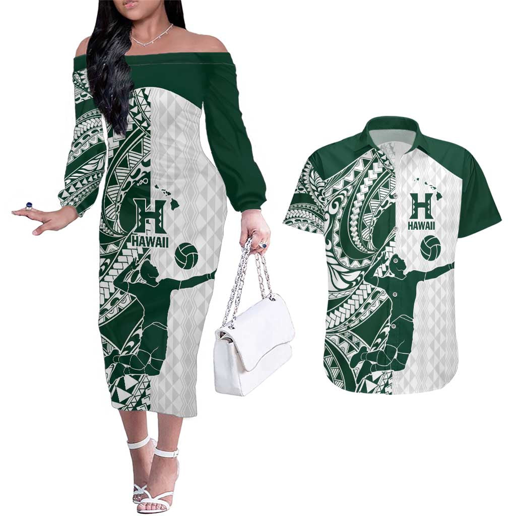 Polynesian Hawaii Volleyball Custom Couples Matching Off The Shoulder Long Sleeve Dress and Hawaiian Shirt Kakau with Sport Style